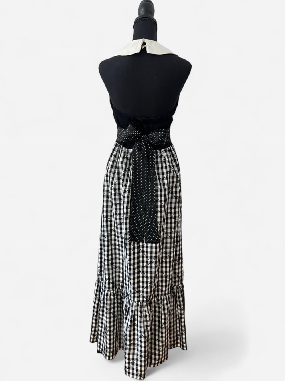 True Vintage 50s 60s Backless Halter Maxi Dress Retro Gingham Rockabilly Small - Picture 2 of 8